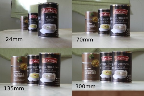 Перспектива показана на 4 фотографиях упаковок консервов, расположенных на разном расстоянии друг от друга