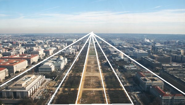 Вид с воздуха на городской пейзаж, с диаграммой, показывающей использование треугольников в композиции фотографии