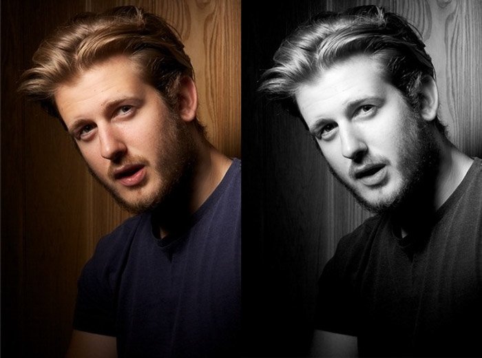color and black and white portrait diptych of the young male model posinging indoors