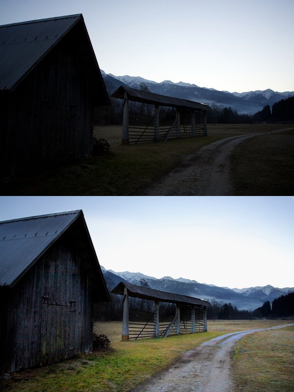 A before and after image of using burn & dodge tools Instead of HDR