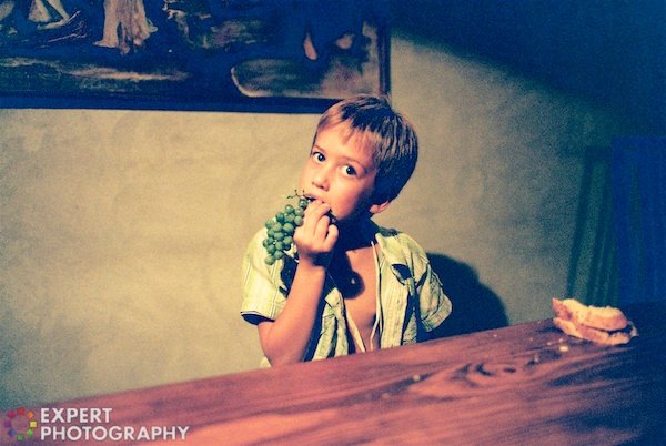 Маленький белокурый мальчик ест виноград в тускло освещенной комнате за деревянным столом