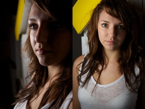 Два изображения девушки, где освещены половины ее лица - портретная фотография