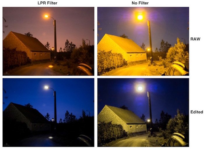 Сетка из четырех фотографий, показывающая влияние фильтра LPR на бельгийские уличные фонари ночью
