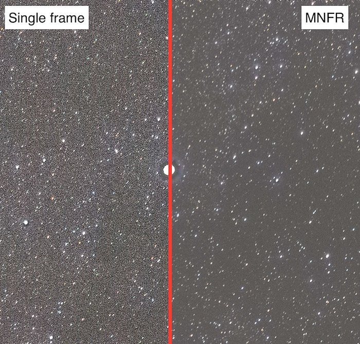 Сравнение эффекта от применения MFNR на звездном поле после автовыравнивания 32 кадров.
