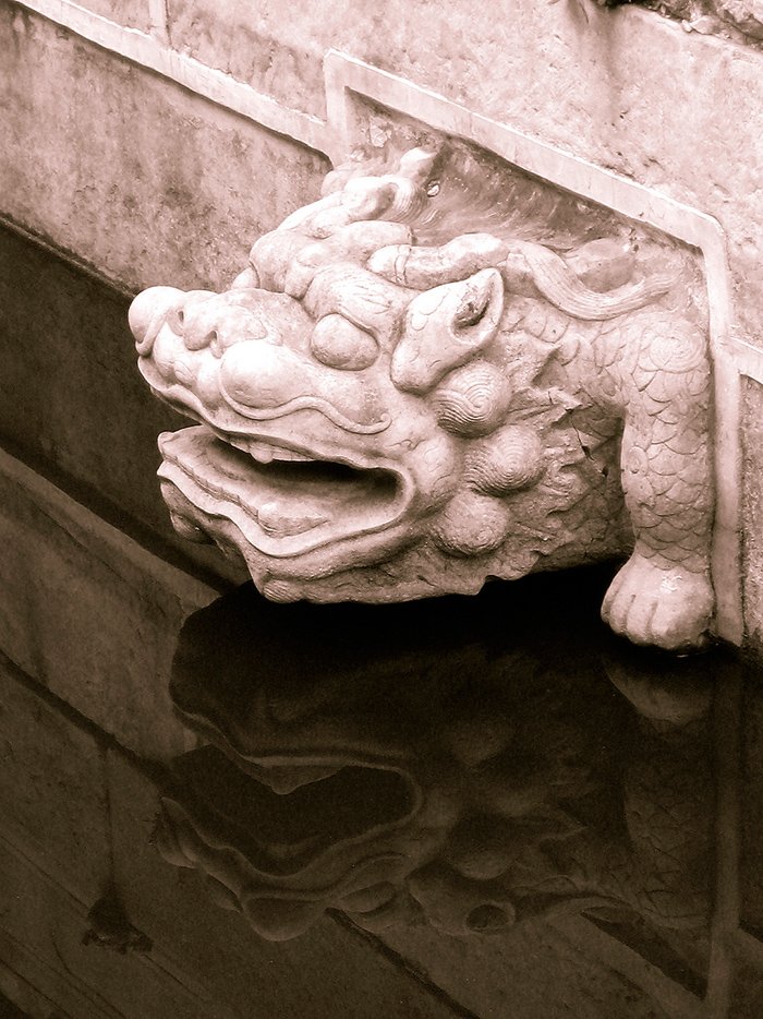 Черно-белый контраст демонстрирует скульптура головы дракона и вода