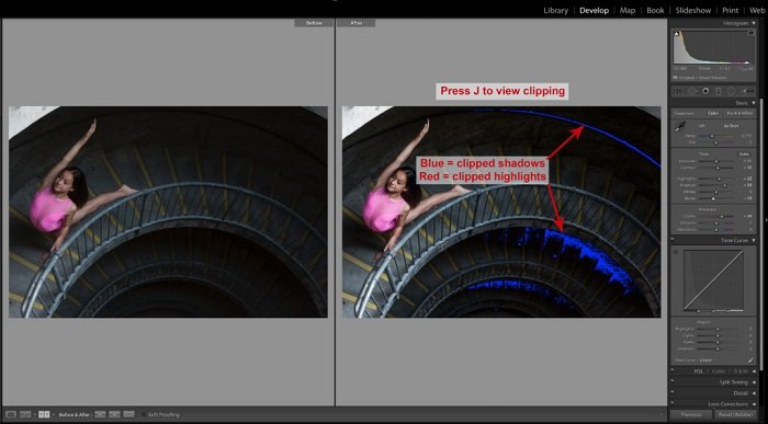 Скриншот использования сочетаний клавиш Lightroom для редактирования фотографии маленькой девочки, позирующей на лестнице