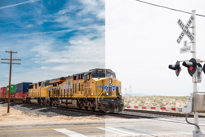 Фотография поезда, разделенная экраном, чтобы подчеркнуть разницу между съемкой raw и jpeg