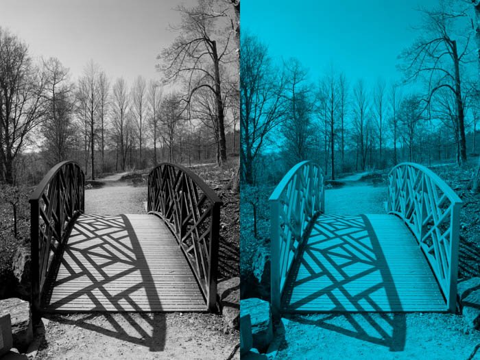 Диптих, показывающий разницу между B&W (слева) и монохромной (справа) фотографией моста
