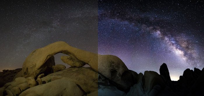 Показывая, как туманное небо превращается в яркий снимок Млечного Пути при постобработке астрофотографии