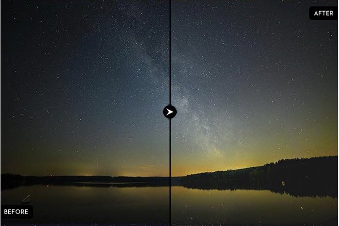 Показываю изображение Млечного Пути до и после с использованием бесплатных пресетов Lightroom - Astro Photography