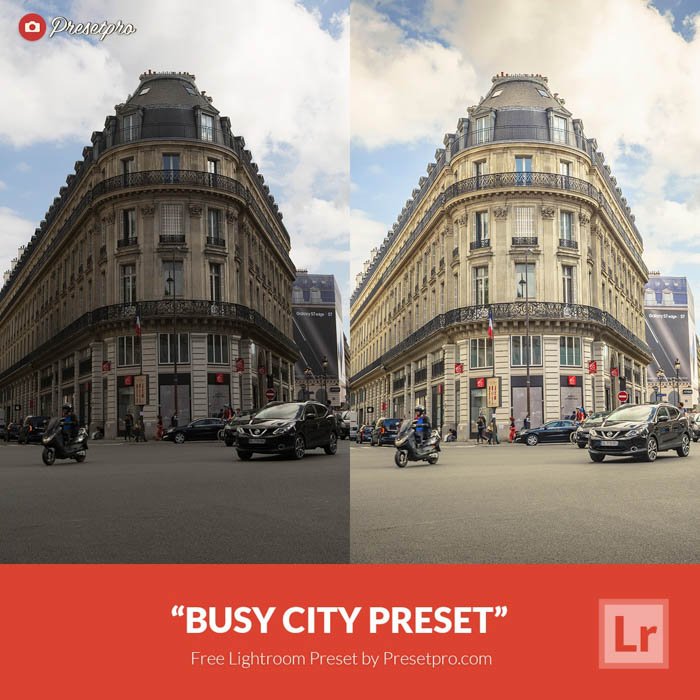 Showing before and after photograph of a street using free Lightroom presets - busy street