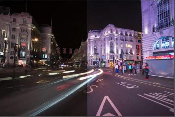 Показываю до и после ночной уличной сцены с использованием бесплатных пресетов Lightroom от PresetPro