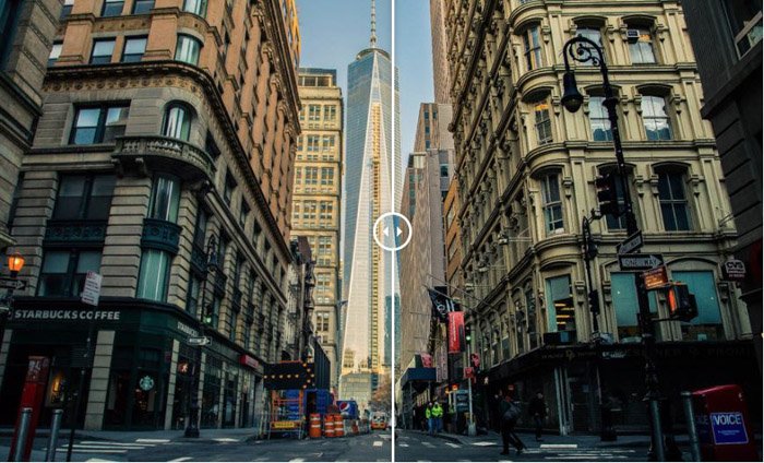 Показываю изображение до и после одного из городов США с использованием бесплатного пресета для Lightroom VSCO film