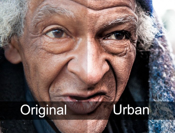 Showing a before and after portrait using free Lightroom presets - Grungy Street Portraits