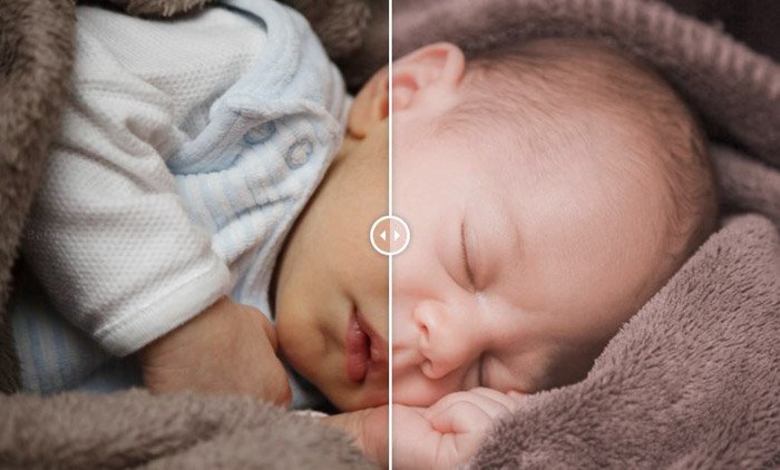 Showing before and after photograph of the newborn baby using free Lightroom presets - Newborn