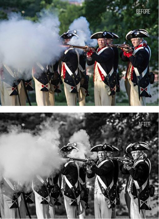 Showing before and after photograph of the militia using free Lightroom presets - Резкий черный & белый
