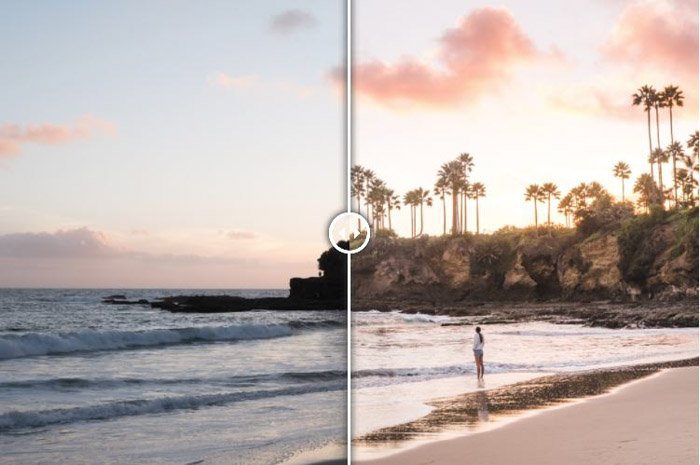 Showing before and after of the beach scene using free Lightroom presets - Laguna Sunset