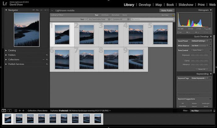 выбор изображений в Lightroom для редактирования панорамных фотографий, скриншот