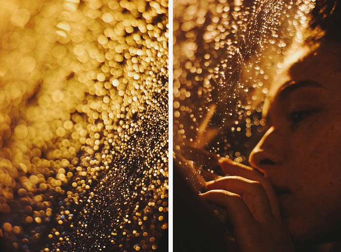 Атмосферный диптих автопортрета при слабом освещении с каплями дождя на окне