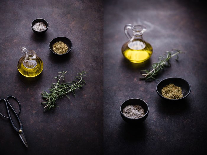 A dark and atmospheric fine art food photography still life diptych of olive oil and seasoning