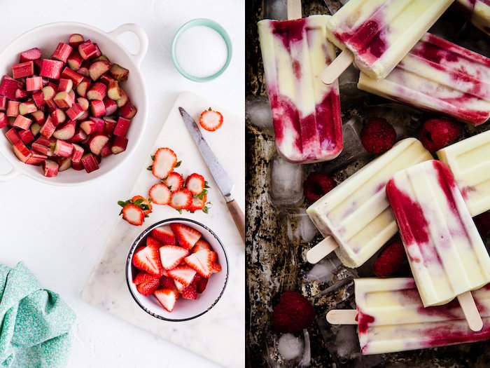 Два изображения бок о бок, одно из свежих фруктов, а другое - фруктовое мороженое