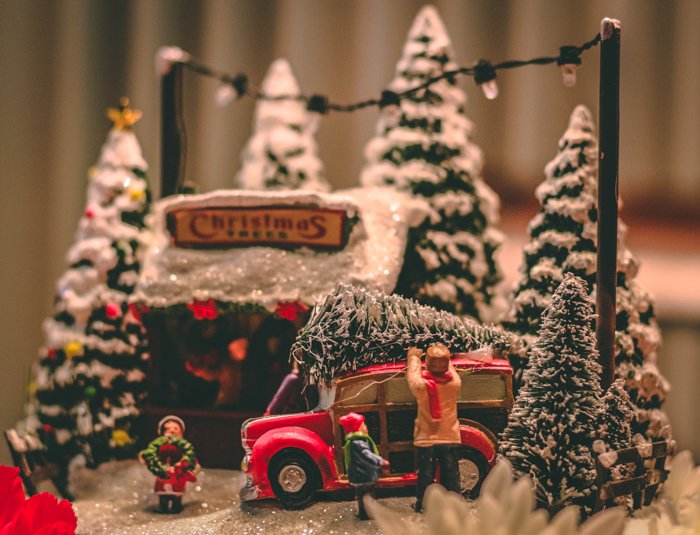 Christmas themed stock photography of miniature people and Christmas trees