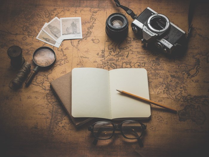 a flay lay of the camera, journals, glasses, and items against the world map