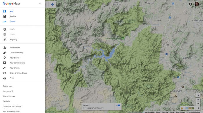 скриншот google maps terrain view для исследования ландшафта для съемки с дрона 