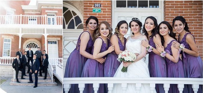 Диптих фото жениха и женихов слева, невесты и подружек невесты справа. Любительская свадебная фотография