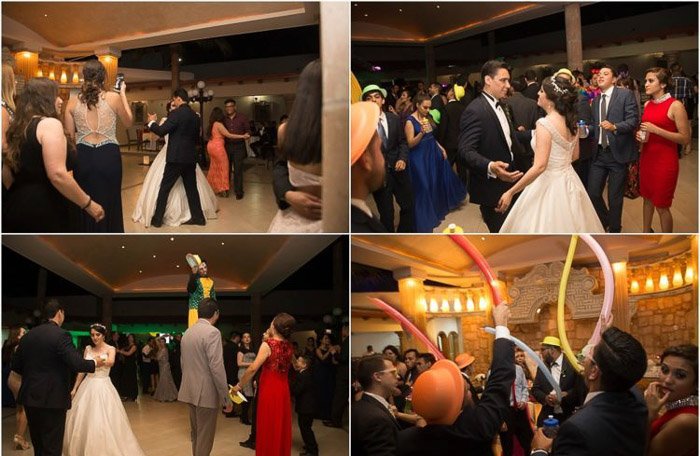 Четыре фотоколлажа молодоженов, танцующих среди гостей на свадебной вечеринке. Свадебный фотограф-любитель