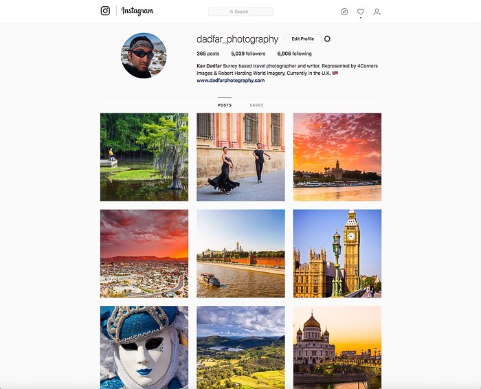 Скриншот страницы фотографа в instagram. Sell Your Travel Photography