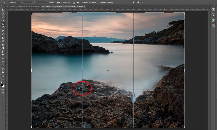Photoshop interface using rule of thirds composition for long exposure landscapes