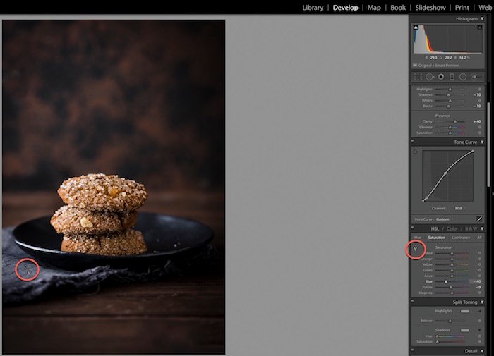 Снимок интерфейса Adobe Lightroom, редактирование фотографии имбирного печенья.