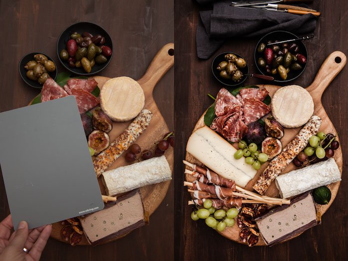 Диптих доски для еды на деревянном столе, демонстрация съемки с серой картой.