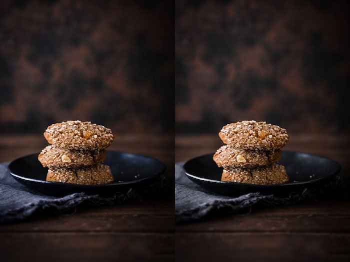 Диптих фуд-фотография тарелки имбирного печенья на деревянном столе и коричневом фоне.