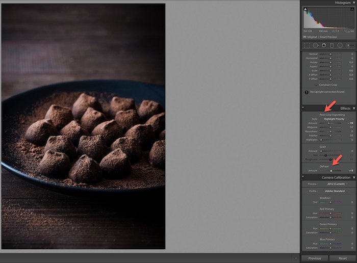 Скриншот использования эффектов в Adobe Lightroom.
