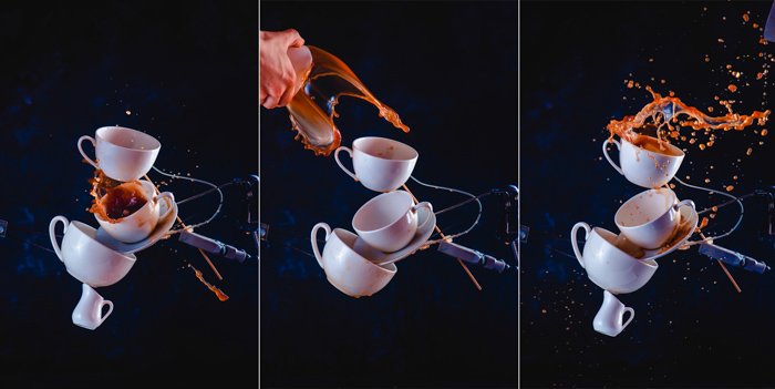 Креативный триптих фотографии брызг кофе, натюрморт с падающими кофейными чашками на темном фоне