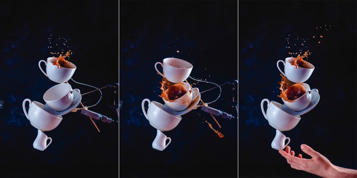 Креативный триптих фотографий с брызгами кофе, натюрморт с падающими кофейными чашками на темном фоне