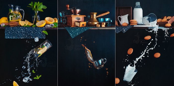 Креативный фототриптих натюрморта с падающими бокалами, разбрызгивающими жидкость на темном фоне