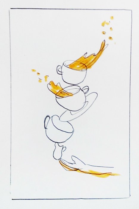 Нарисованная от руки схема креативного фотонатюрморта Coffee Splash с падающими кофейными чашками 