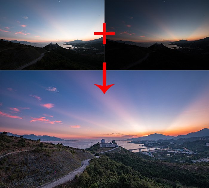 Схема трех пейзажных фотографий для использования масок светимости для цифрового смешивания