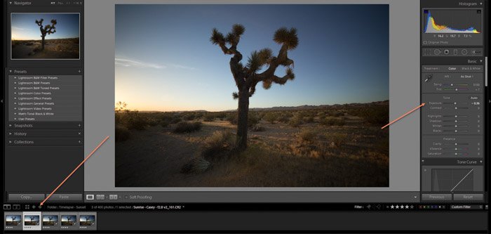 Lightroom screenshot of editing images on LRTimelapse