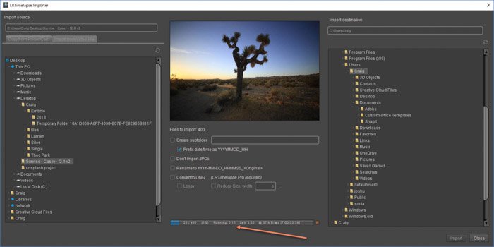 Lightroom screenshot of importing images to make sequence on LRTimelapse