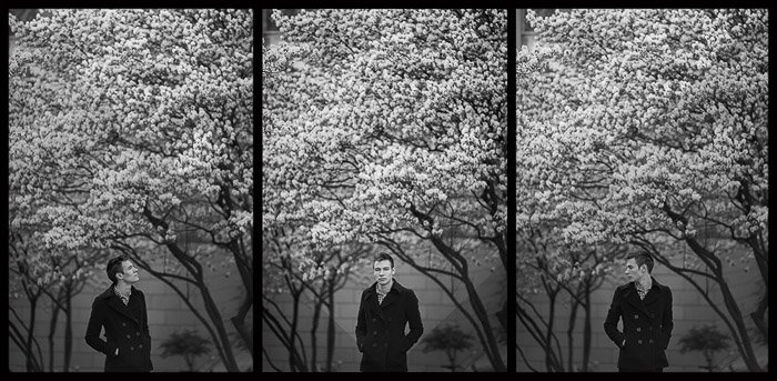 Тройной портрет Олега Гергеля в естественном свете на фоне цветущих вишневых деревьев во Франкфурте, Германия. Советы по портретной съемке на природе.