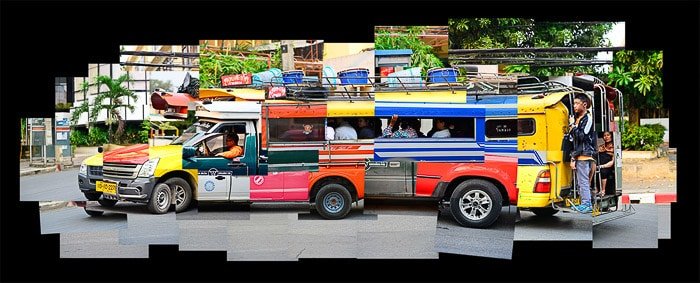 Фотомонтаж ярко окрашенного фургона, состоящий из множества отдельных фотографий