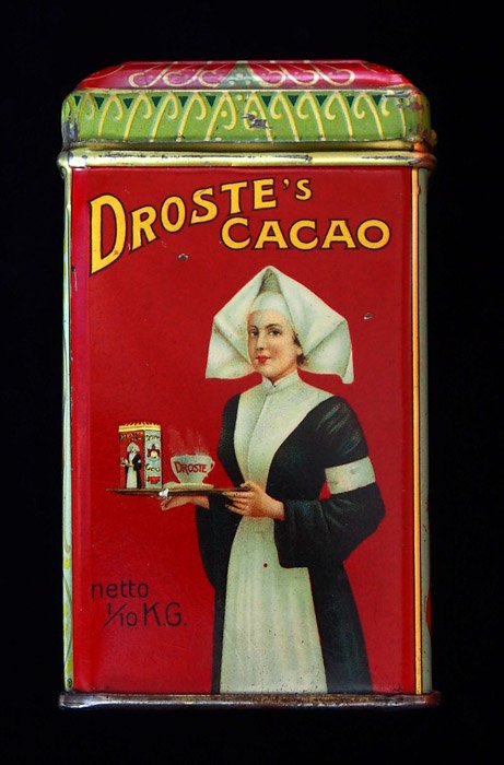 Упаковка жестяной банки какао Droste с изображением, разработанным Яном Миссетом в 1904 году.