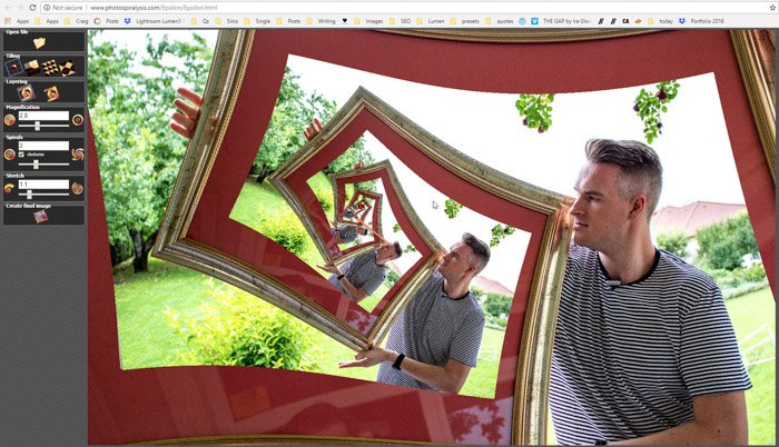 Скриншот изменения увеличения на Фотоспирализе для создания фотографии с эффектом дросте
