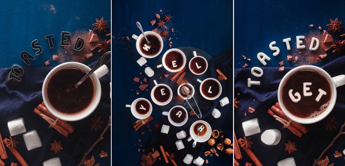 Накладной триптих с изображением кофейных чашек, блюдец, печенья и надписью 
