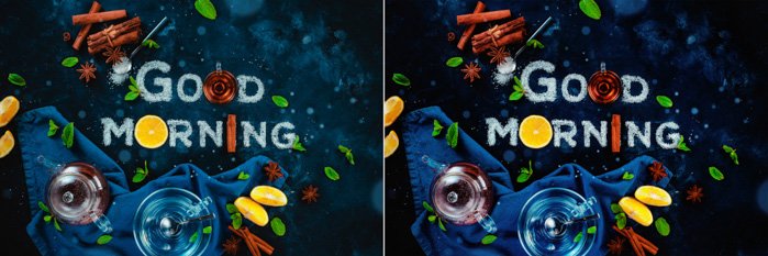 A diptych of a food art still life with words 'good morning' created with sugar, fruit and other food typography props 
