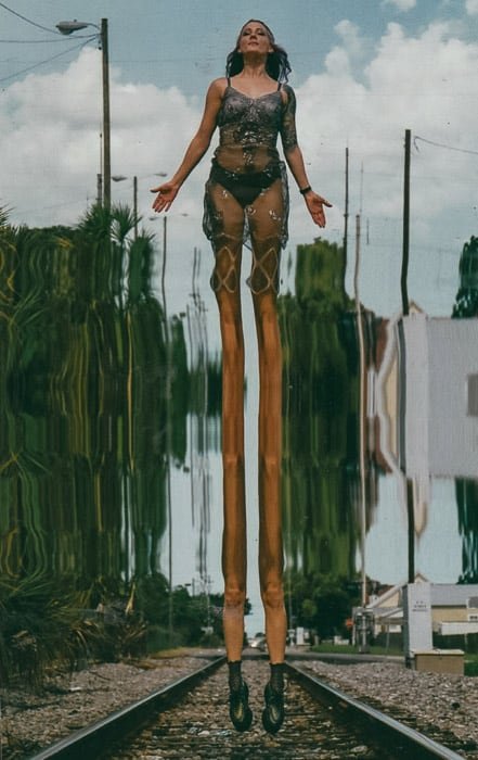 Женщина позирует с кажущимися уродливо длинными ногами из-за глюка изображения